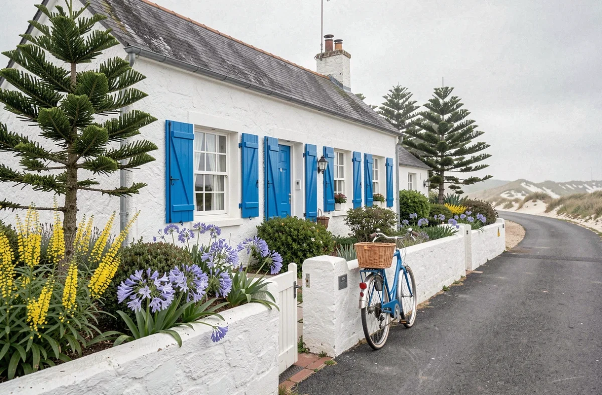Maison blanche aux volets bleus de La Maison Moizeau à Noirmoutier avec jardin fleuri et vélo
