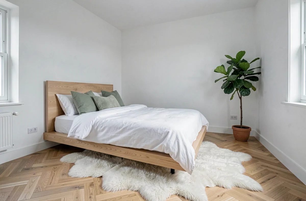 Chambre épurée et moderne de Laura's B&B en Finistère avec lit en lin blanc et parquet chêne en chevrons