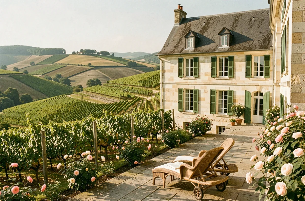 Manoir en tuffeau des Hauts de Brèges en Anjou dominant des terrasses de vignes avec terrasse de détente