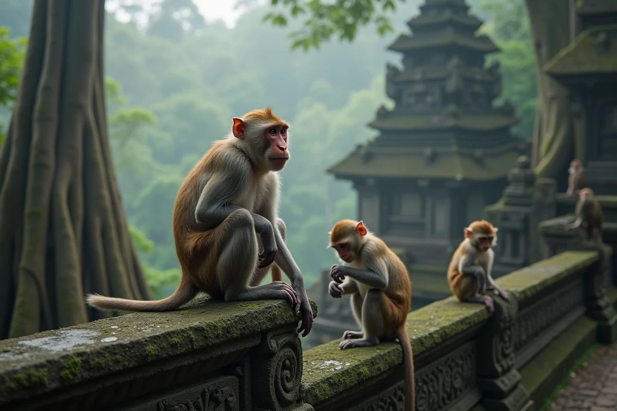 Macaques à longue queue sur des ruines de temple en pierre moussue dans le Sacred Monkey Forest d'Ubud au petit matin