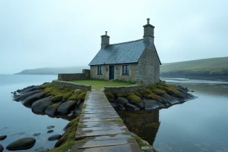 La maison au toit bleu de Saint-Cado en Bretagne, posée sur son îlot rocheux relié par une passerelle en bois, vue large sur le paysage côtier