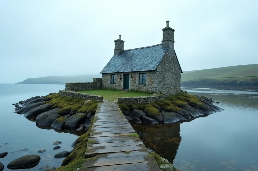 La maison au toit bleu de Saint-Cado en Bretagne, posée sur son îlot rocheux relié par une passerelle en bois, vue large sur le paysage côtier