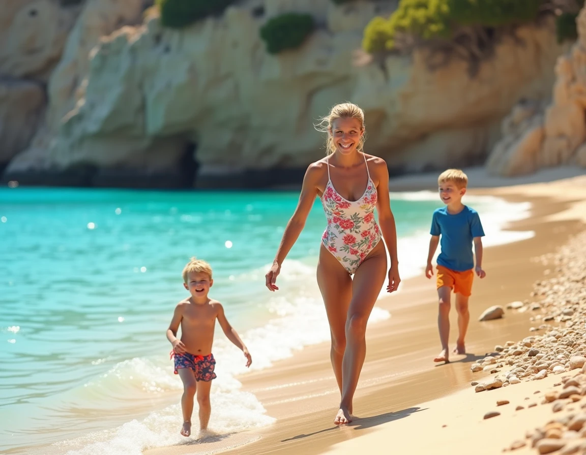 Mère et enfants jouant au bord de la mer sur une plage de sable de Tinos en Grèce