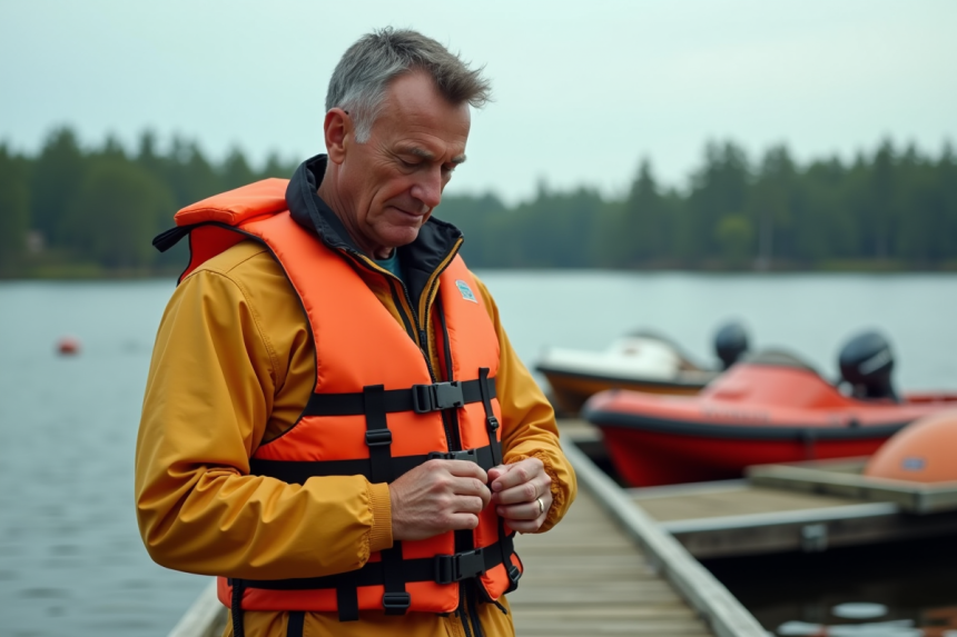 Instructeur de bateau vérifiant la veste de sauvetage orange