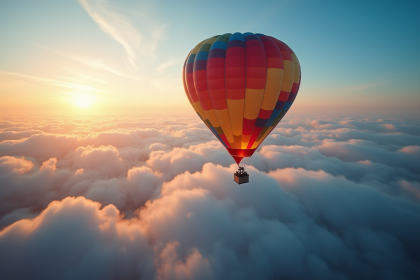 Montgolfière colorée survolant les nuages avec vue panoramique