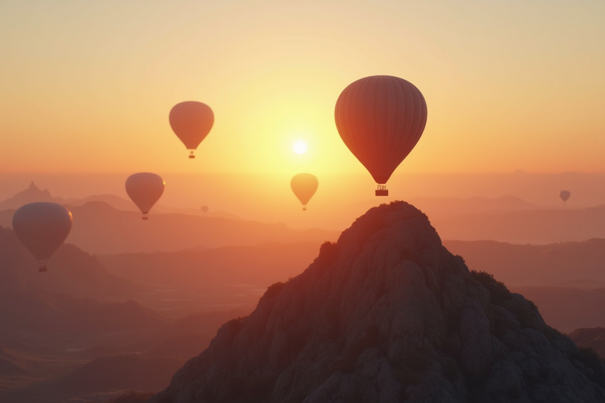 Groupe de montgolfieres au lever du soleil au-dessus d