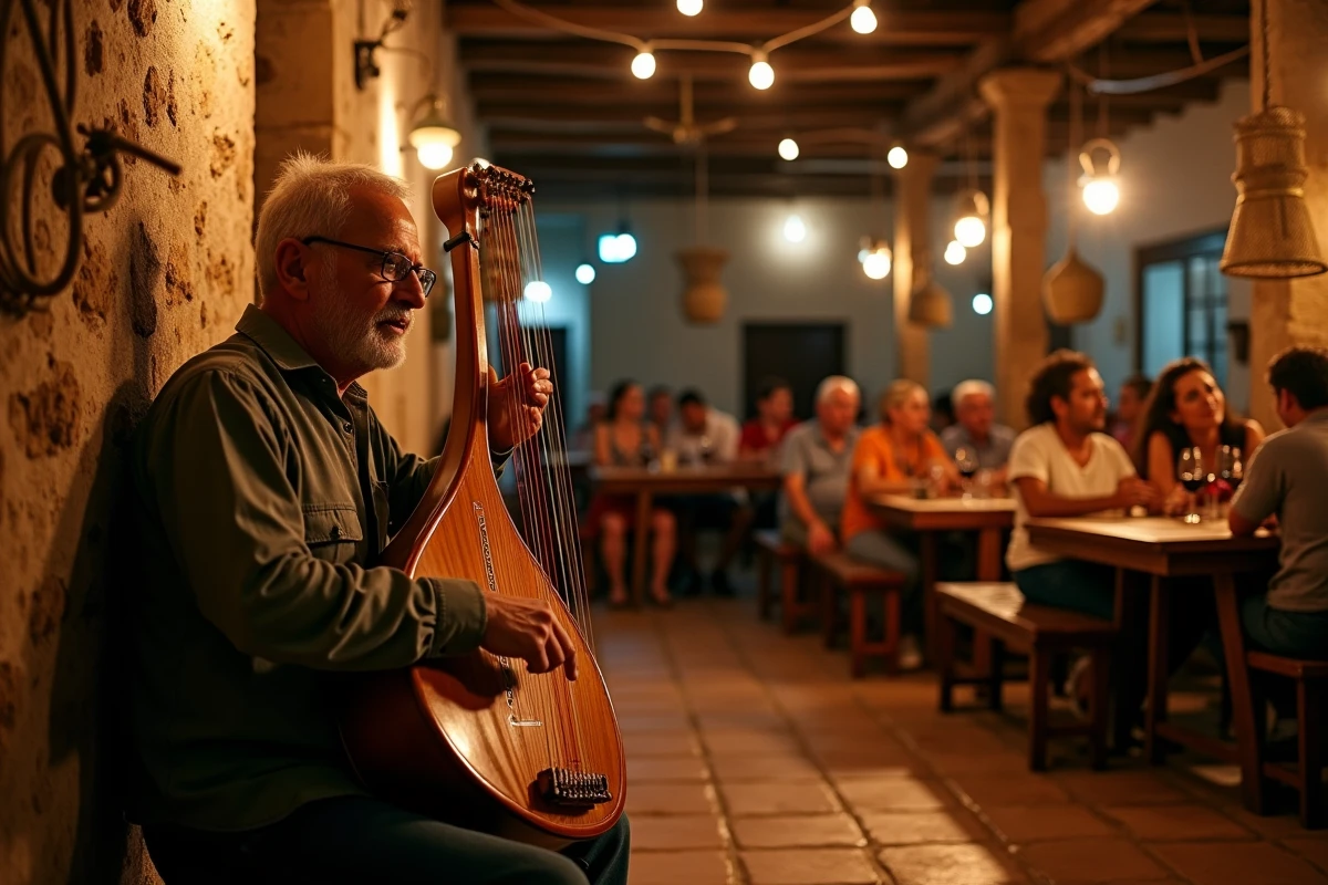 Musicien jouant de la lyra crétoise dans une taverne traditionnelle animée en soirée