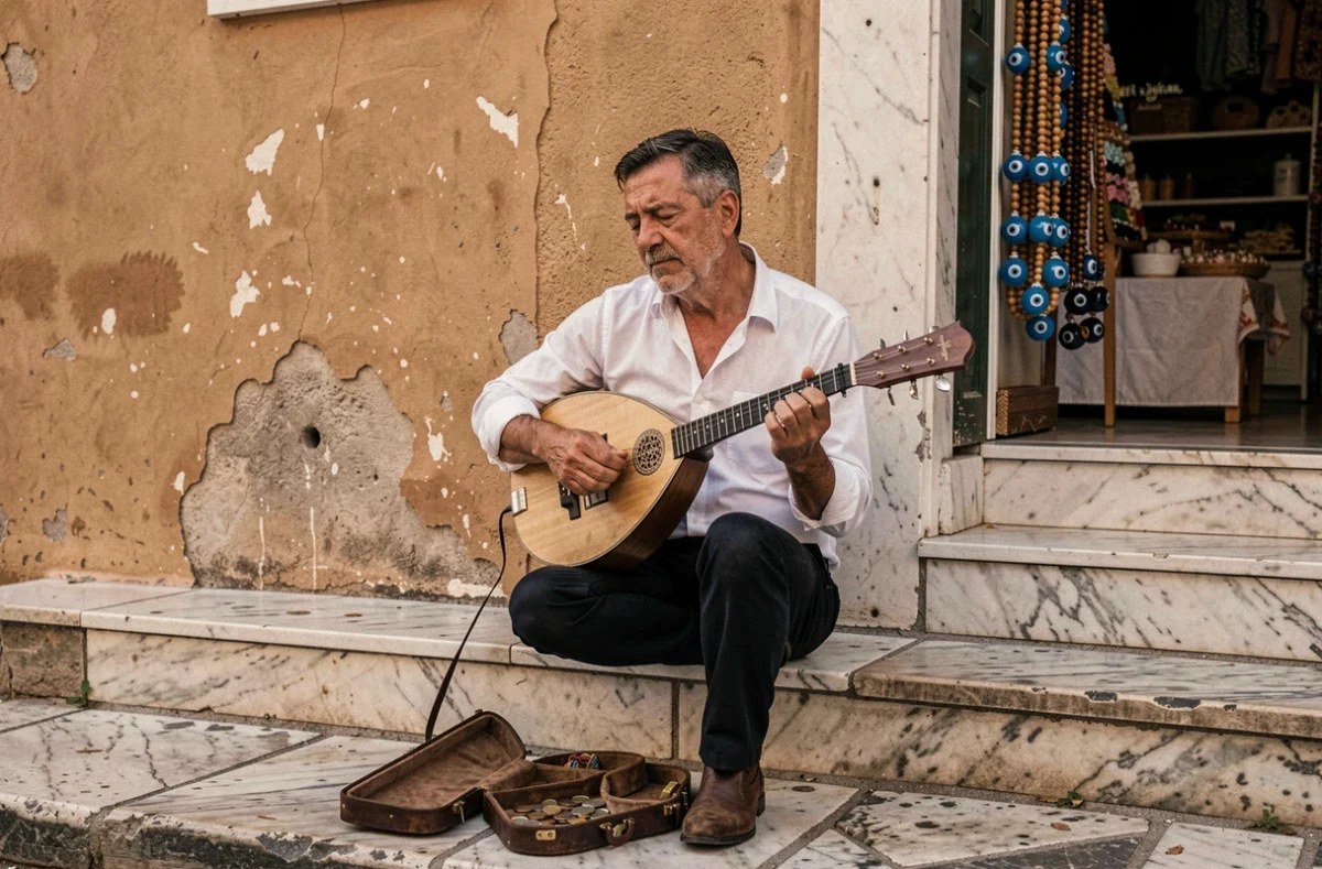 Musicien de rue jouant du bouzouki sur les marches en pierre du quartier Plaka à Athènes