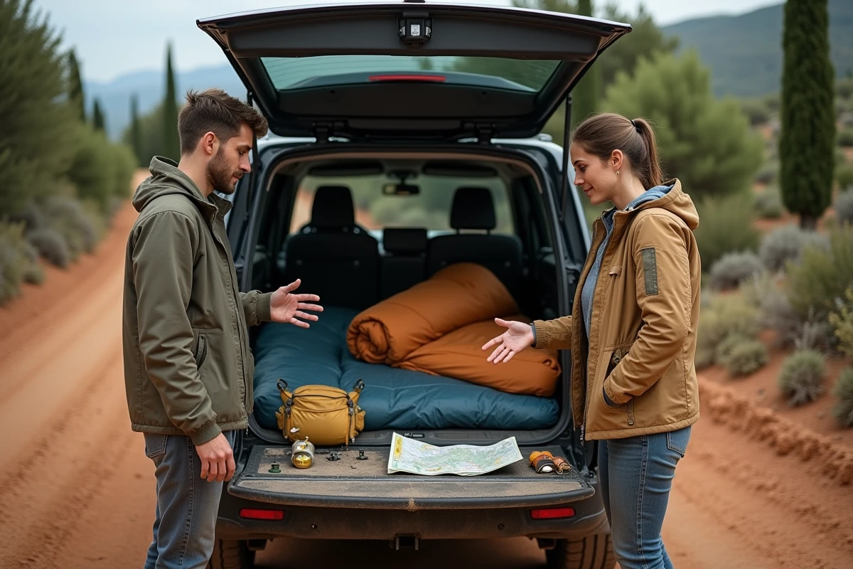 Deux campeurs organisant leur équipement de camping sauvage au coffre d'un 4x4 sur une piste forestière en Toscane