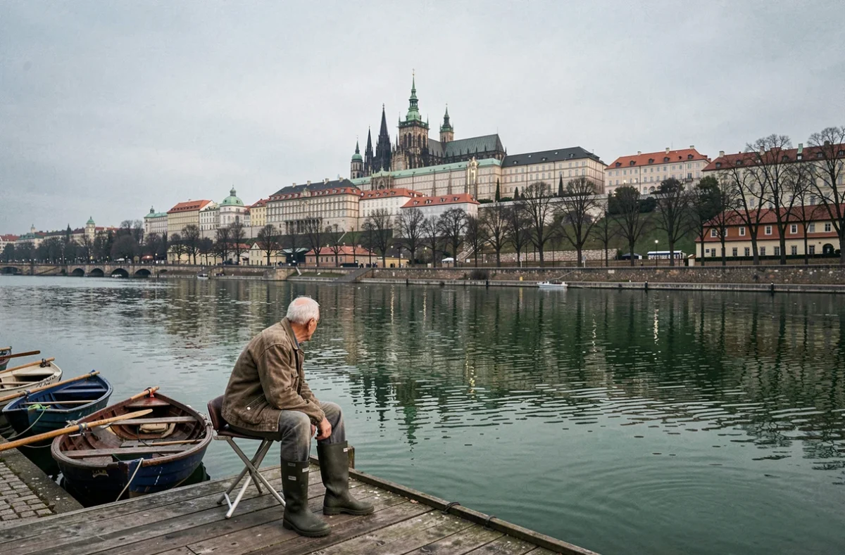 Vue panoramique sur la Vltava depuis la rive avec le château de Prague et la cathédrale Saint-Guy en arrière-plan