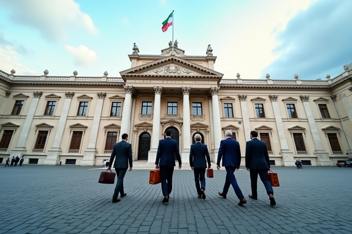 Des professionnels marchent devant le Palais Montecitorio, siège du Parlement italien à Rome, symbole du rôle politique de la capitale