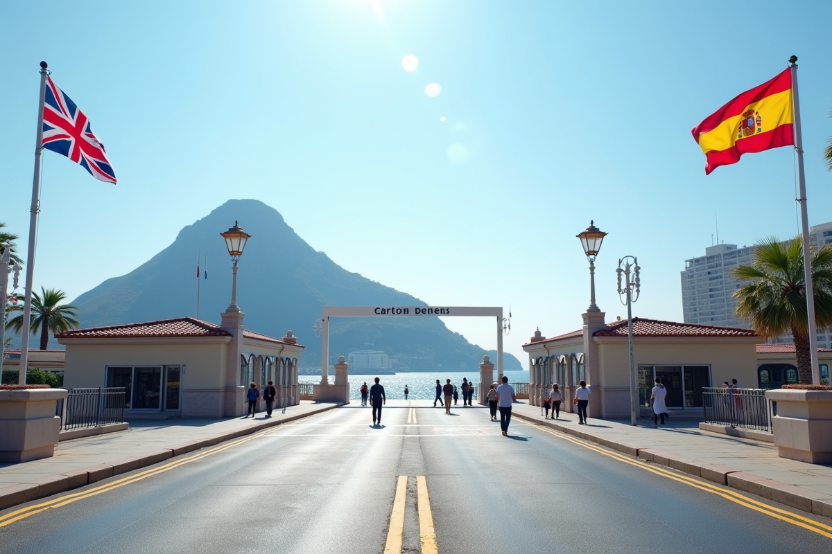 Passage de la frontière de Gibraltar avec drapeaux et voyageurs