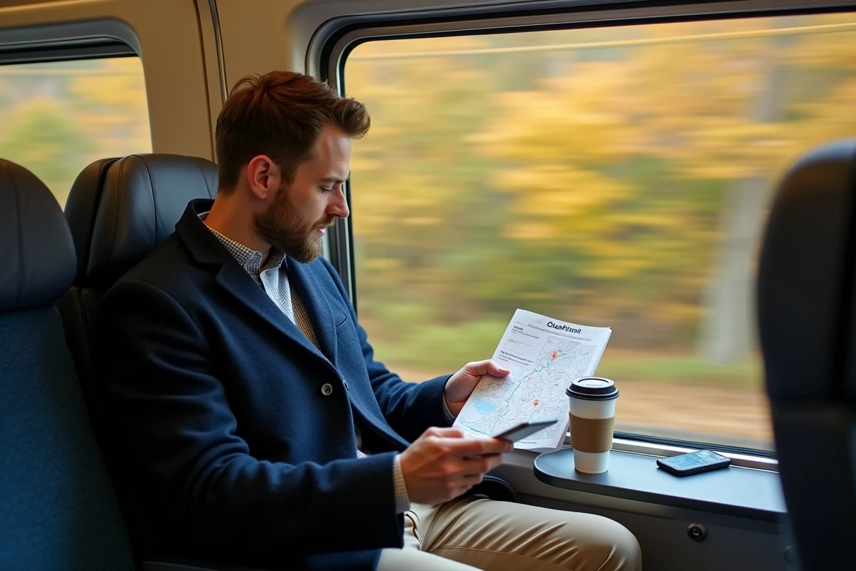 Passager consultant son itinéraire à bord du train Acela entre New York et Boston