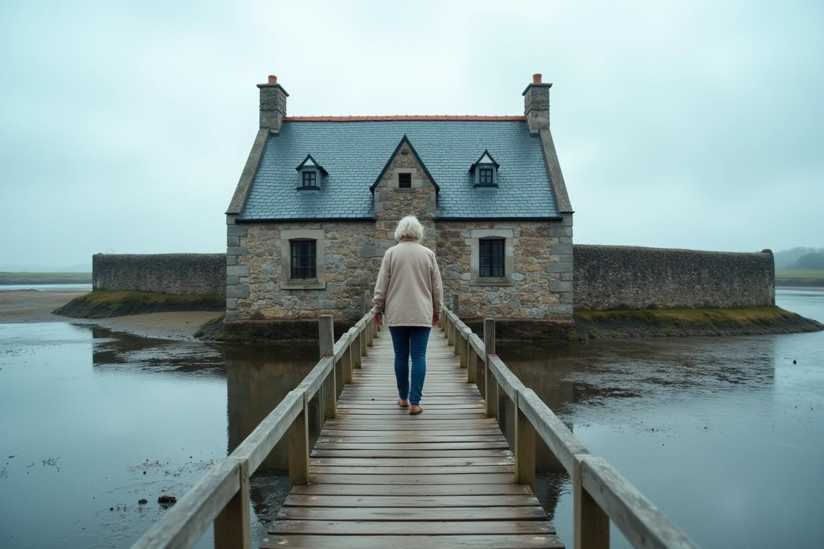 Touriste sur la passerelle de Saint-Cado observant la célèbre maison au toit bleu sur l'îlot breton, reflets dans l'eau à marée basse