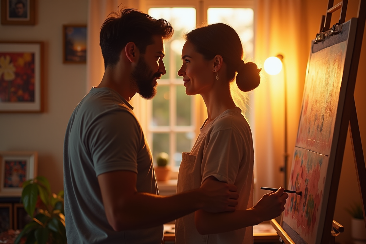 Couple peignant ensemble dans un atelier lumineux