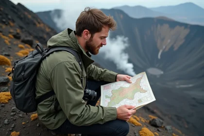 Photographe professionnel qui consulte une carte volcans Italie sur le bord d'un cratère volcanique en Sicile