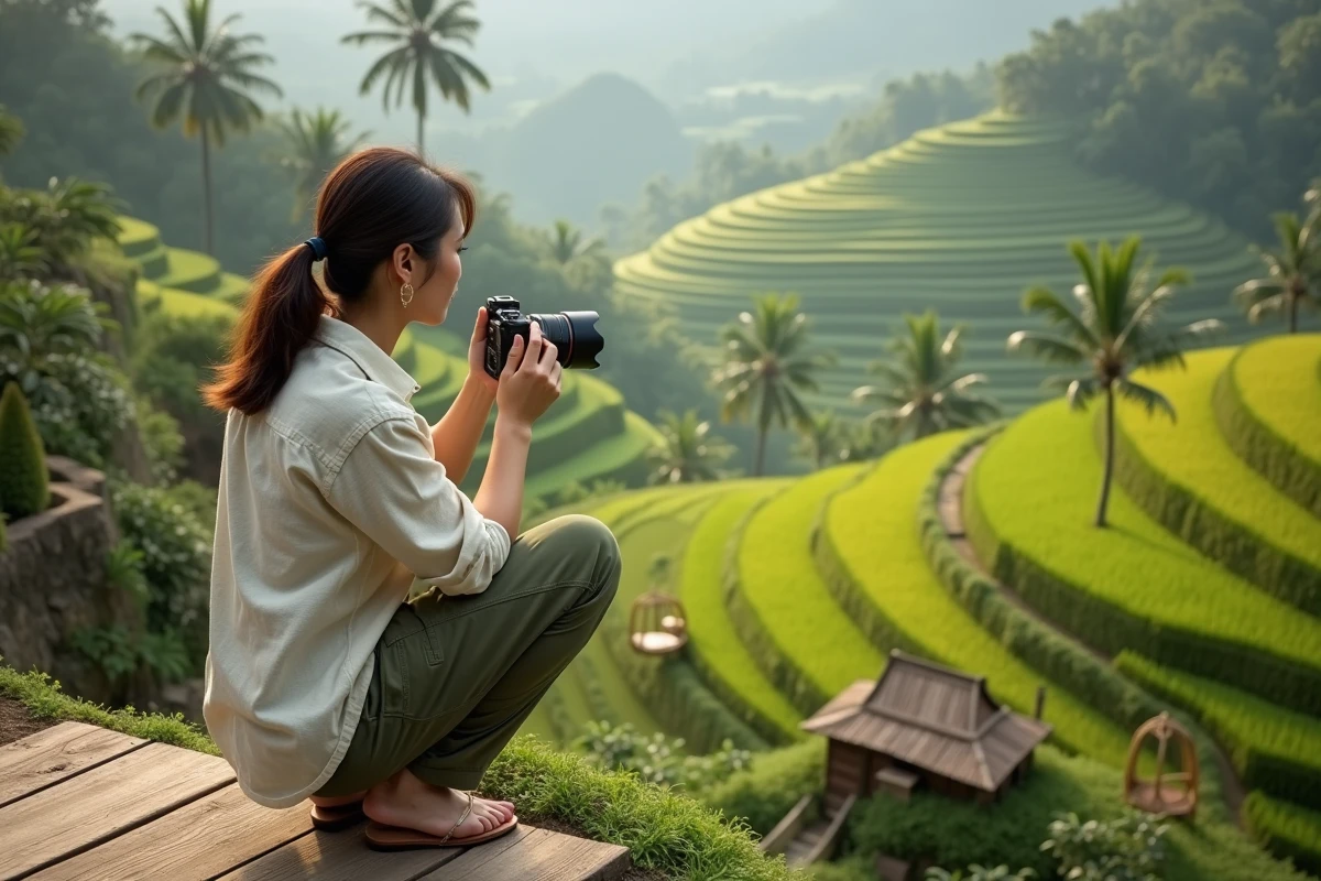 Photographe professionnelle composant un cadrage sur la plateforme en bois surplombant les terrasses de Tegallalang à Bali