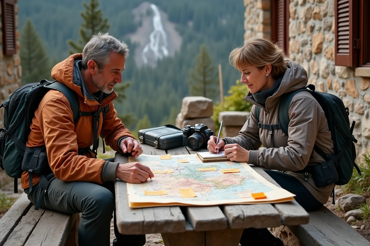 Deux photographes qui analysent ensemble une carte volcans Italie à la terrasse d'un refuge de montagne