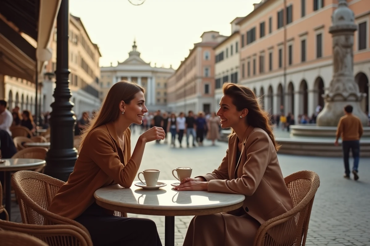 Deux femmes italiennes discutent en terrasse à la Piazza Navona de Rome, symbole de la vie urbaine européenne contemporaine