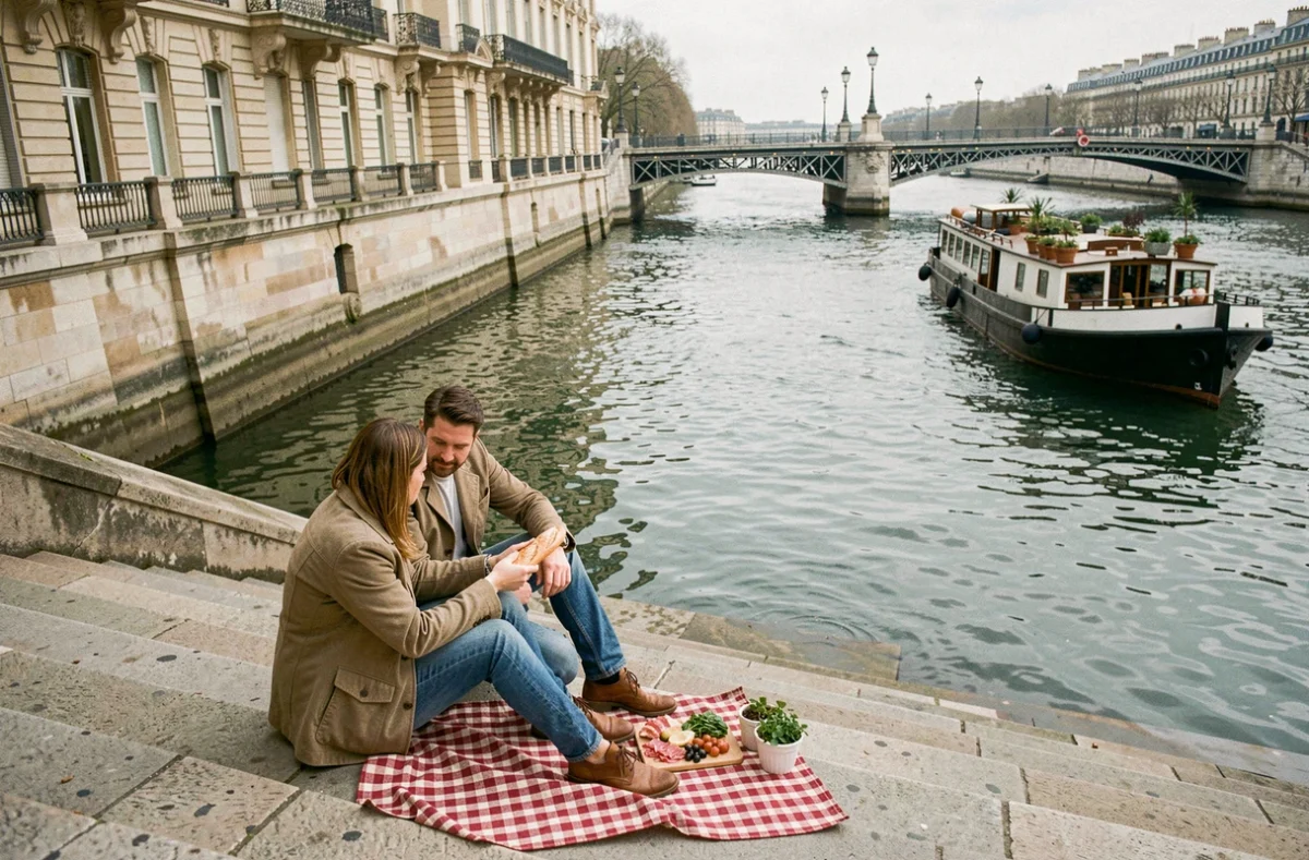 Couple pique-niquant sur les berges de la Seine avec vue sur une péniche et un pont parisien