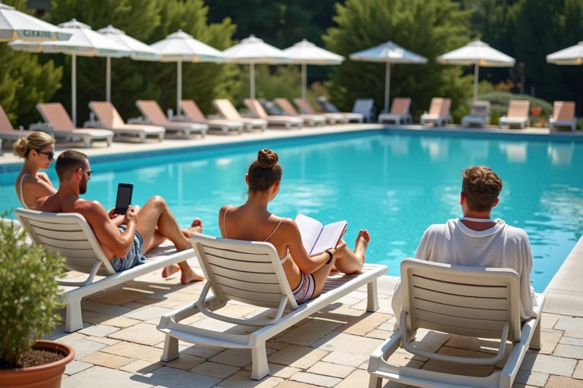 Groupe d'amis se relaxant au bord de la piscine d'un camping en chaîne pendant les vacances d'été