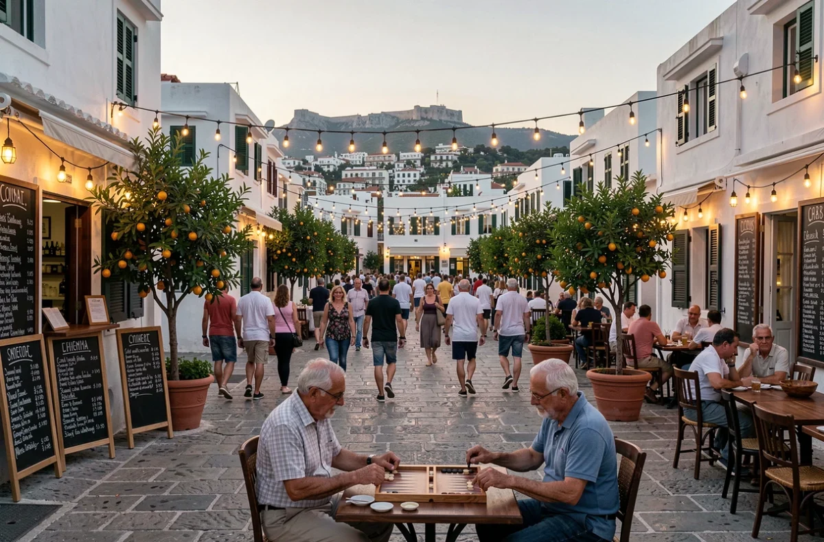 Place animée du quartier Plaka à Athènes au crépuscule avec des tavernes, des promeneurs et l'Acropole en silhouette