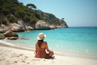 Femme assise sur une plage déserte de Corse en septembre, eau turquoise calme et rochers de granit en arrière-plan