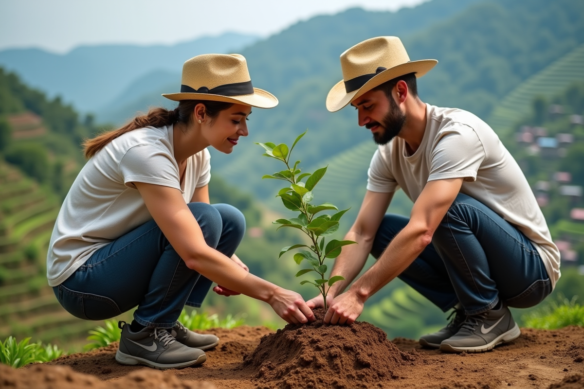 Femme et jeune homme plantant un arbre dans un paysage rural