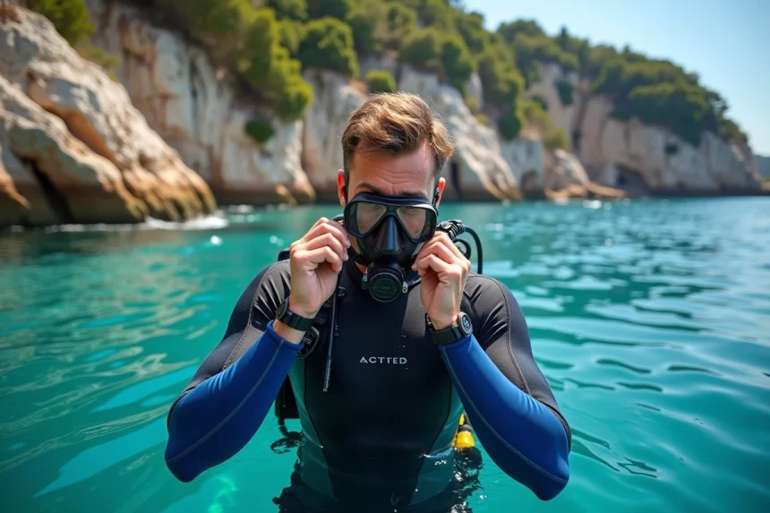 Plongeur en combinaison noire et bleue à la surface d'une crique de la côte nord de la Corse, avec des falaises granitiques en arrière-plan