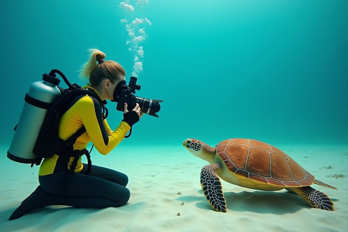 Plongeuse photographiant une tortue de mer avec un appareil photo étanche et bras de diffusion