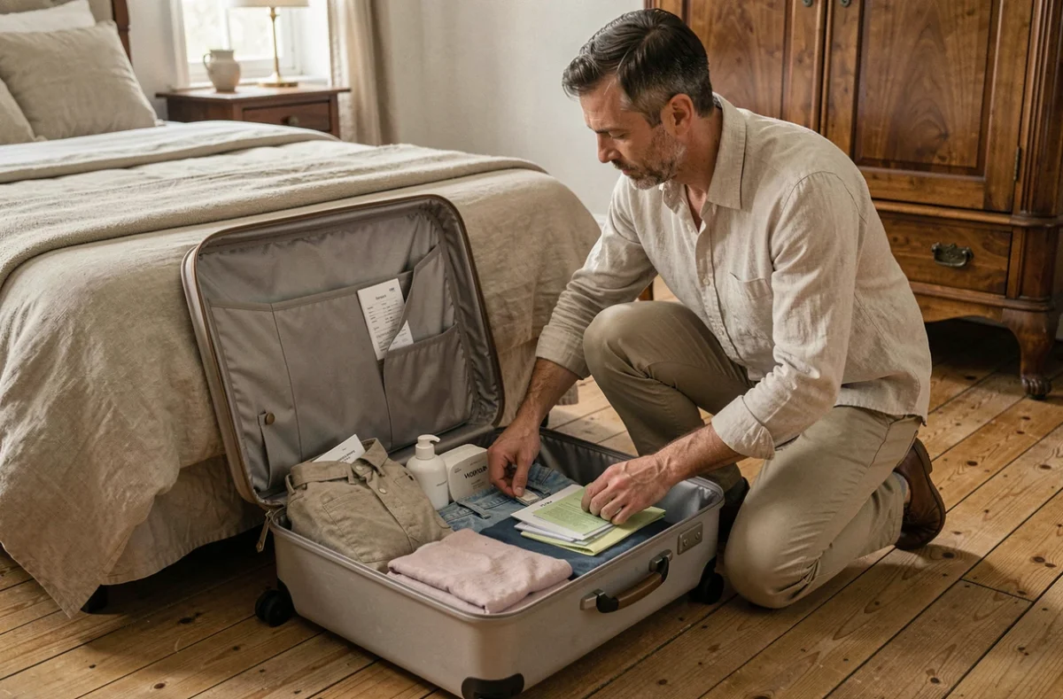 Homme préparant et organisant le contenu de sa valise cabine dans une chambre avant un voyage en avion