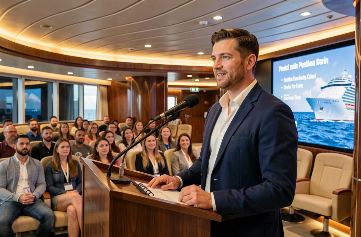 Présentateur officiel expliquant les modalités de participation à une croisière événementielle devant un public de fans