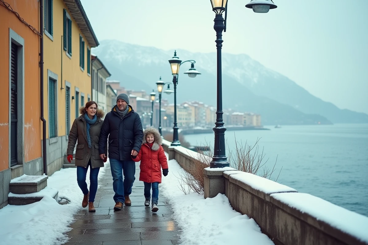 Famille se promenant sur un bord de mer hivernal avec montagnes enneigées visibles en arrière-plan à la frontière franco-italienne