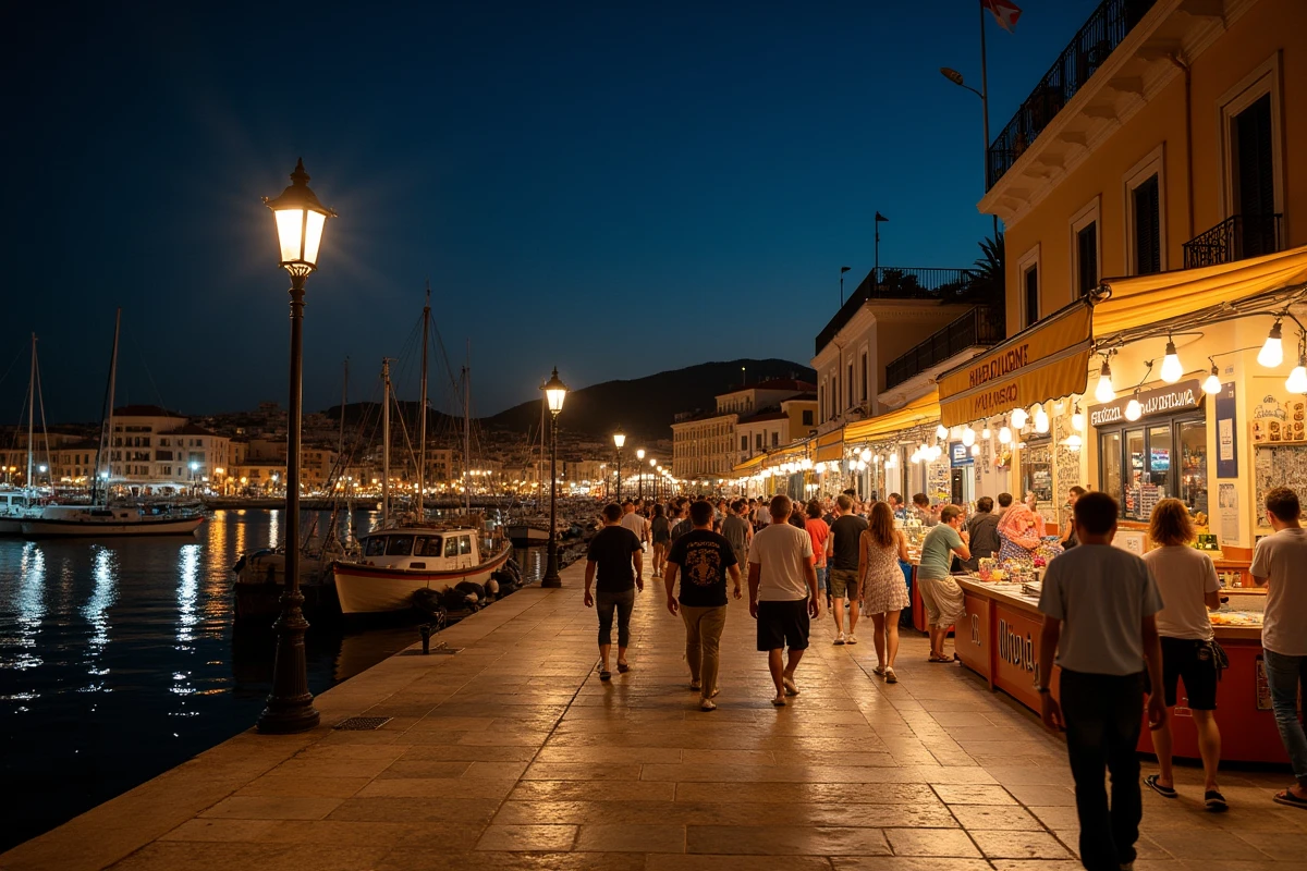 Promenade animée du port d'une ville côtière crétoise la nuit avec terrasses et promeneurs