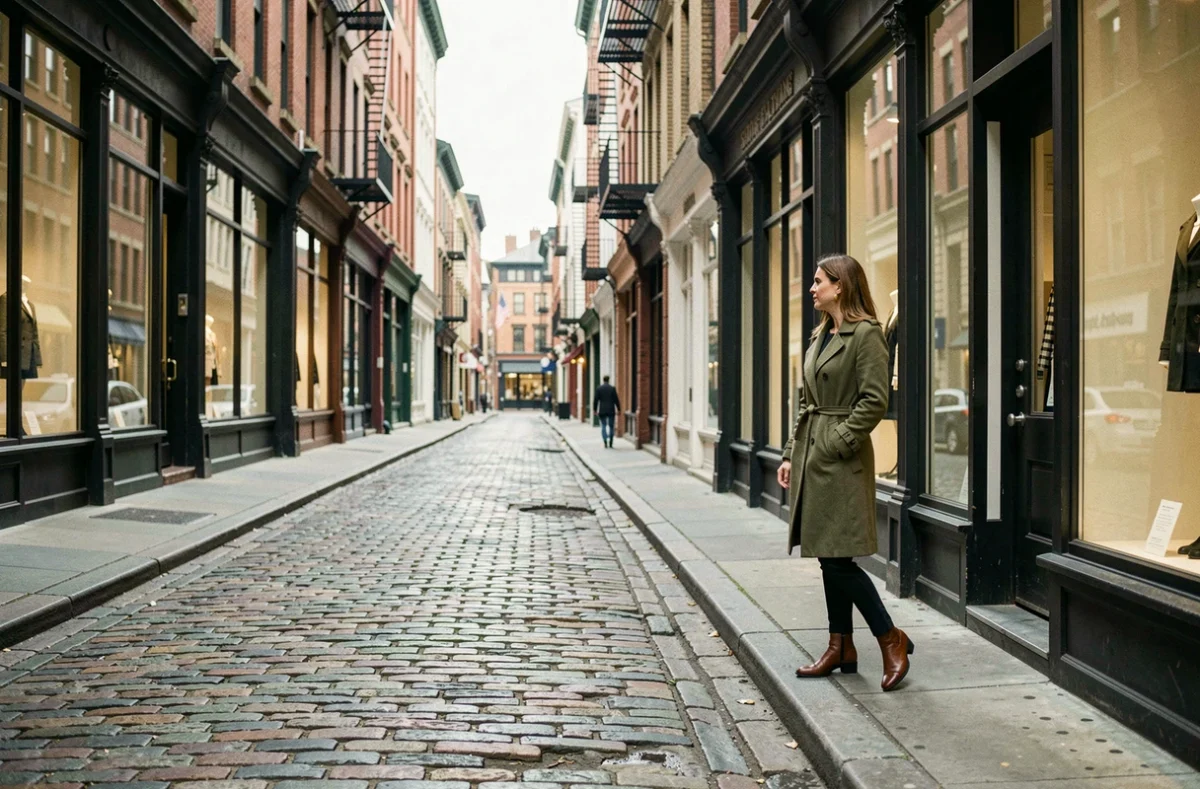 Femme se promenant sur les pavés d'une rue de SoHo bordée de bâtiments historiques en fonte convertis en galeries