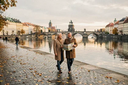 Promenade en couple le long de la Vltava à Prague avec le pont Charles en arrière-plan en automne