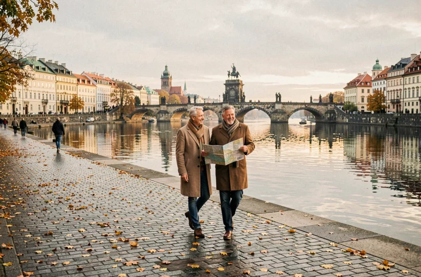 Promenade en couple le long de la Vltava à Prague avec le pont Charles en arrière-plan en automne