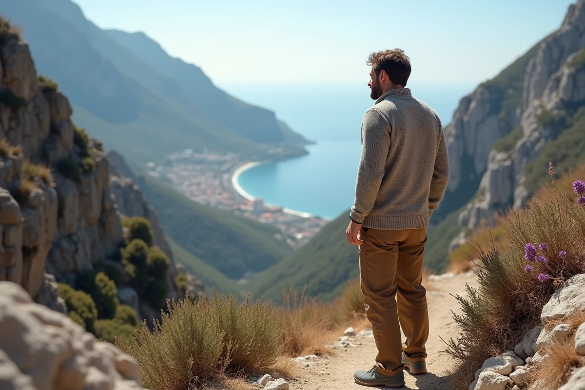 Randonneur sur un sentier alpin avec vue panoramique sur la côte méditerranéenne franco-italienne