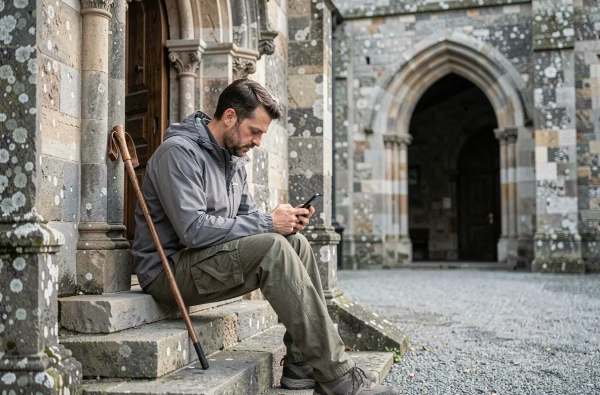 Randonneur planifiant son itinéraire Compostelle sur smartphone assis sur les marches d'une abbaye normande