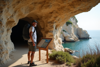 Homme randonneur devant l'entrée de la grotte de Cosquer