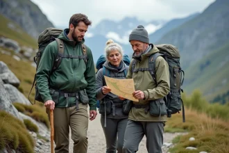Groupe de randonneurs dont une personne âgée sur un sentier accessible menant à la Tour de piz en montagne