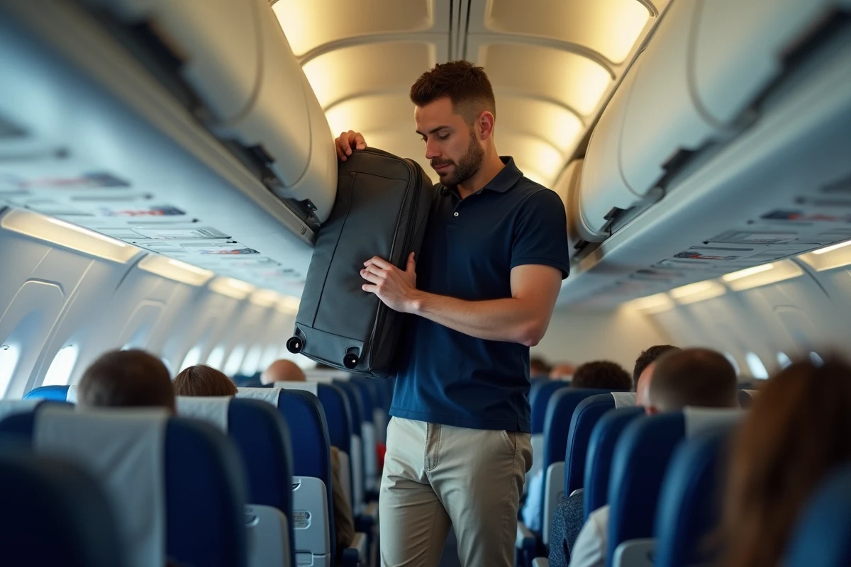 Passager rangeant son bagage cabine dans le compartiment supérieur d'un avion Volotea
