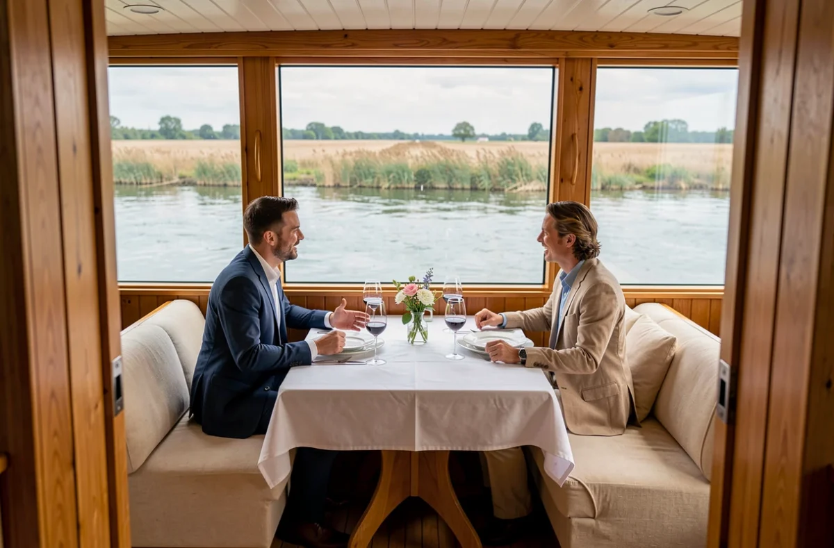 Repas à bord d'un bateau de croisière sur l'Erdre avec vue panoramique sur la rivière depuis la cabine