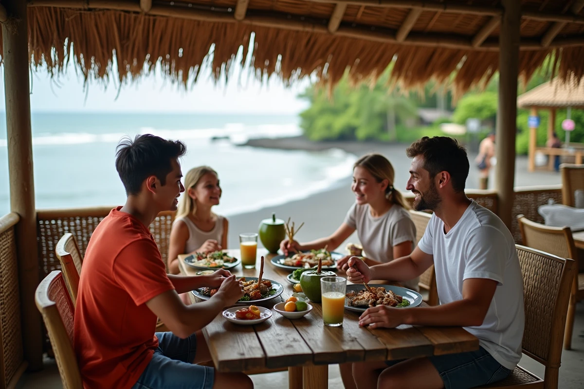 Père et adolescents partageant un repas de fruits de mer dans un warung local en bord de mer sur la plage de Lovina à Bali dans une atmosphère authentique balinaise