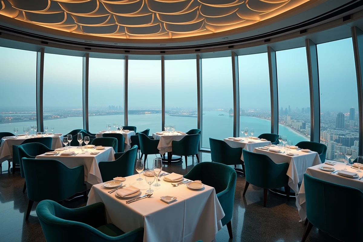 Restaurant Al Muntaha au sommet du Burj Al Arab avec vue aérienne panoramique sur Palm Jumeirah et la skyline de Dubaï