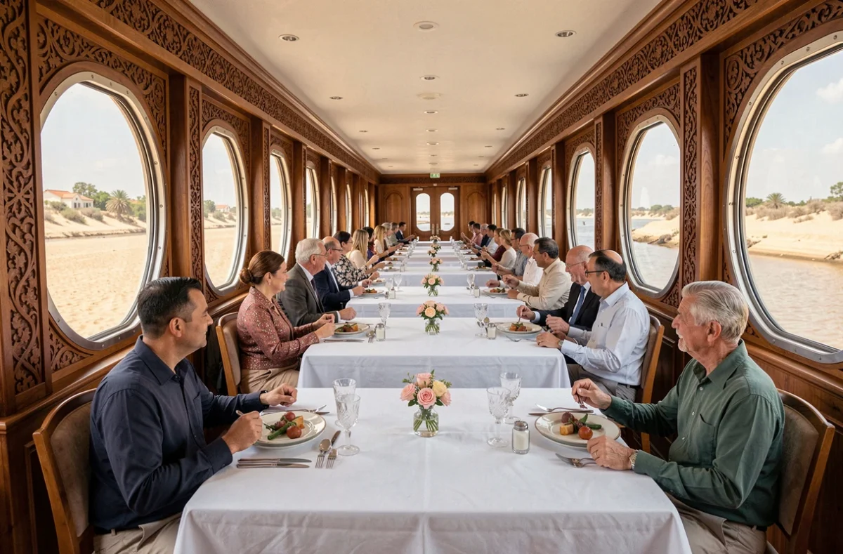 Salle à manger d'un bateau de croisière sur le Nil avec décoration arabesque et voyageurs attablés