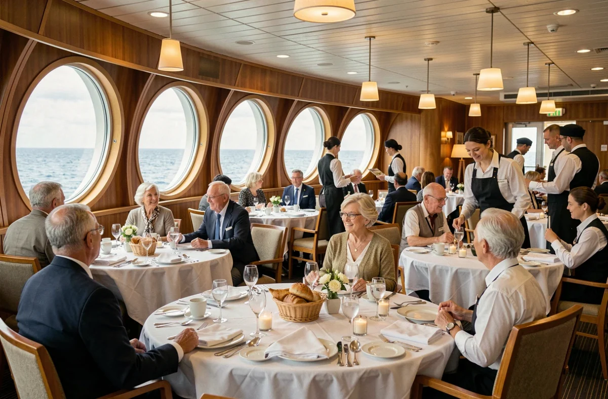 Salle de restaurant d'un navire de croisière avec familles attablées lors du déjeuner