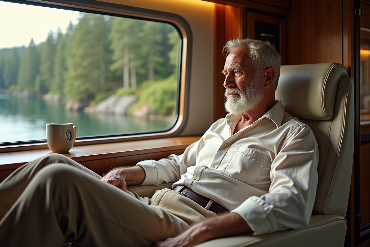 Homme retraité dans un salon de campervan moderne intérieur