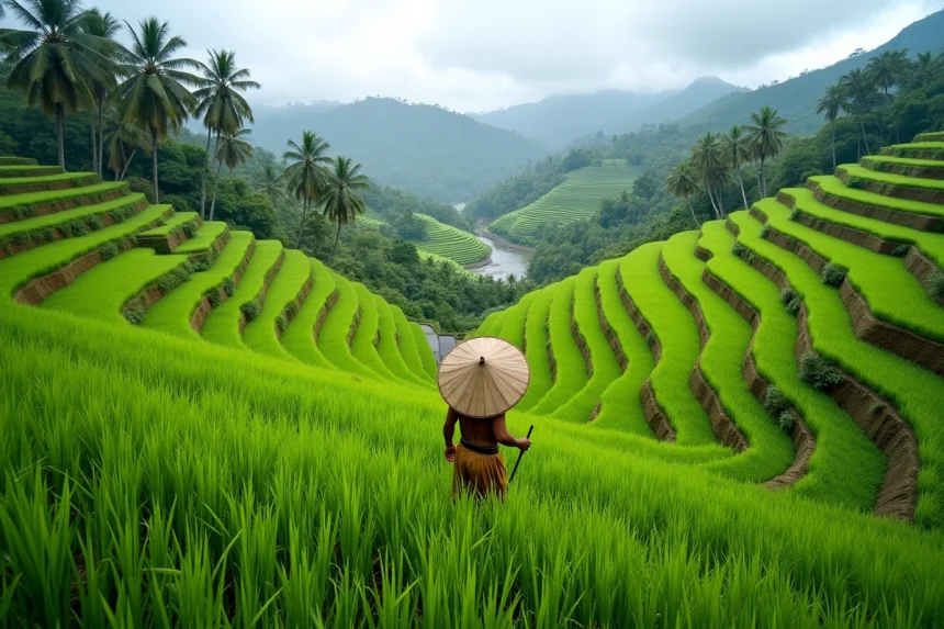 Agriculteur balinais dans les rizières en terrasses de Tegallalang photographié en contre-plongée avec perspective grand angle