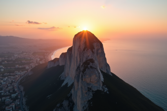 Lever de soleil sur le rocher de Gibraltar avec mer et côte